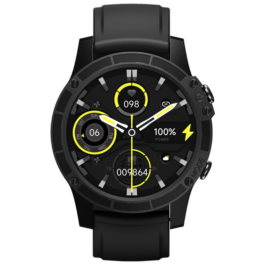 Black smartwatch with yellow accents showing heart rate 98, date June 6, 100% battery, and step count 9864