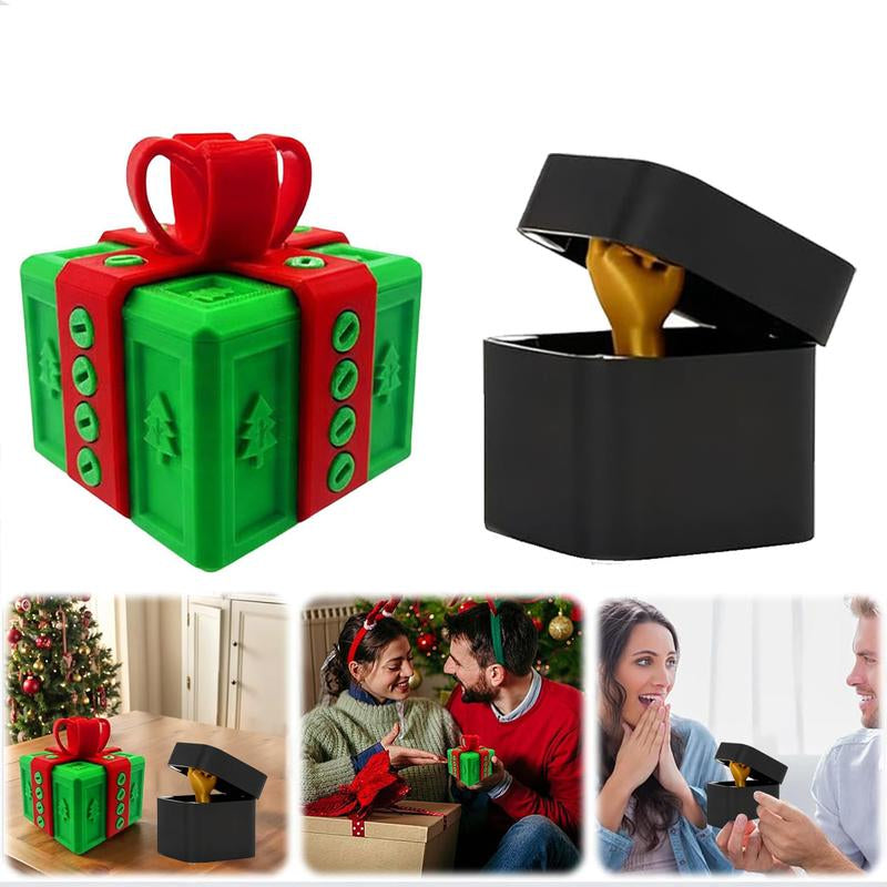 Christmas-themed green and red gift box and black ring box with golden fist ring, couple exchanging gifts indoors