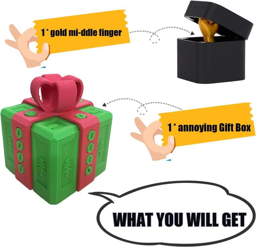 Green and red annoying gift box toy with a removable lid revealing a gold middle finger inside