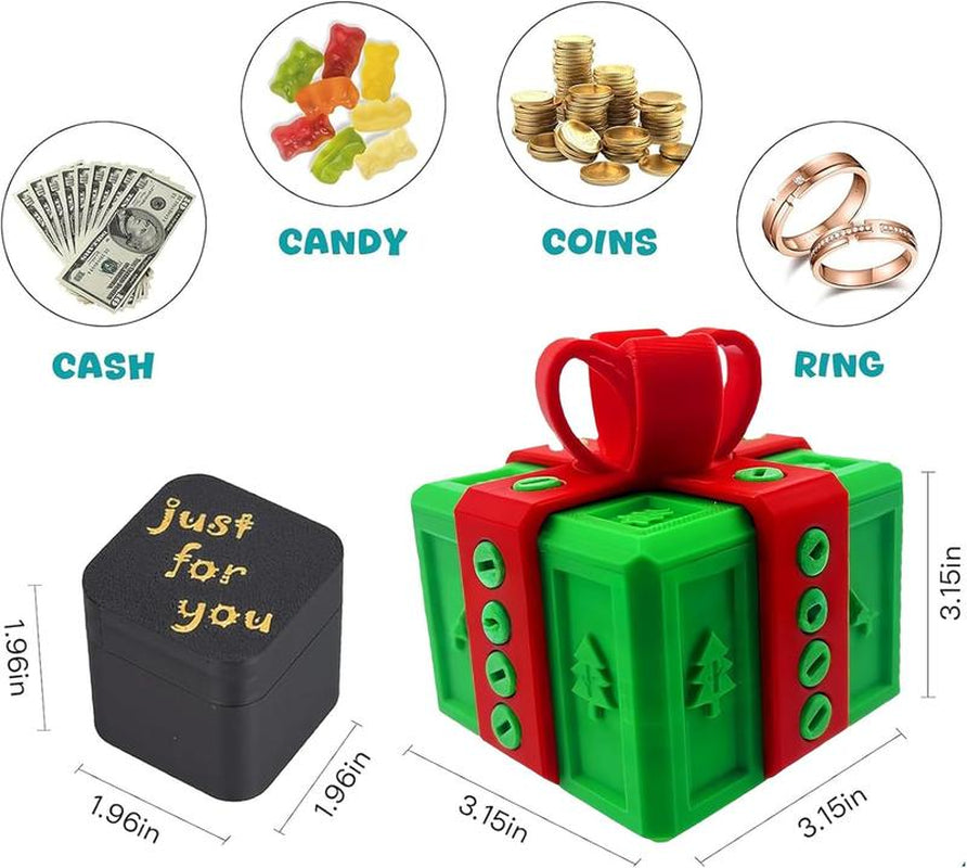 Small black gift box and green red present box with bow for cash, candy, coins, or rings