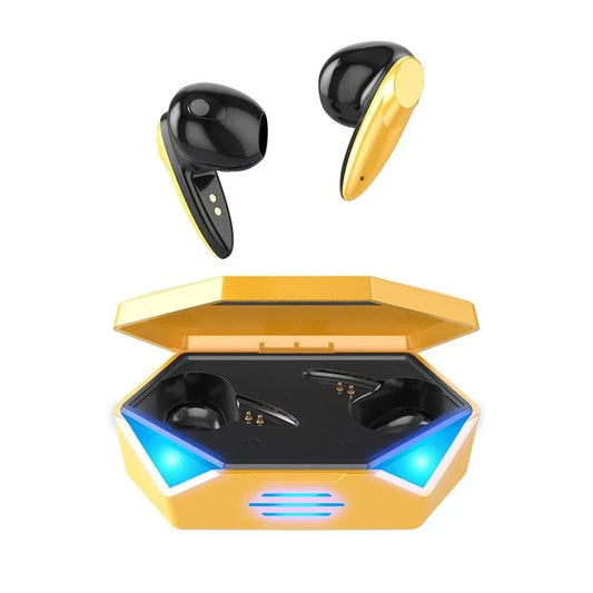 Black and gold wireless earbuds with a yellow charging case featuring blue LED lights