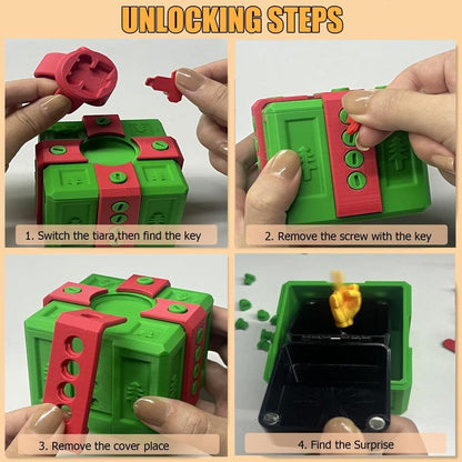 Step-by-step unlocking of green puzzle box with red key, screws, cover removal, and surprise inside